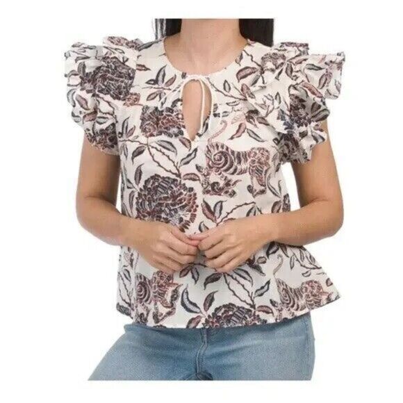 House of Harlow 1960 Peasant Top‎ Womens Size M Flutter Sleeves Floral Blouse - Picture 1 of 12